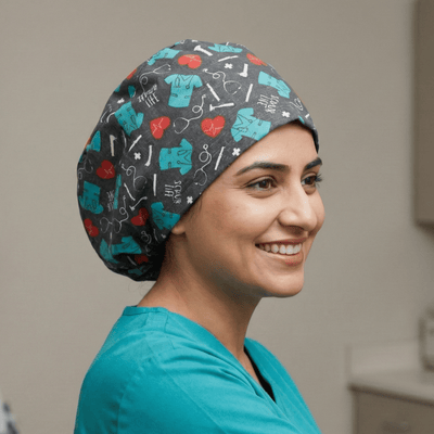 Medical themed pattern scrub cap with teal hearts stethoscopes on grey background