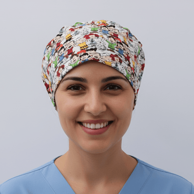 Colourful Snoopy and Peanuts characters pattern scrub cap with cartoon comic strip design
