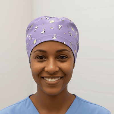 Purple Snoopy cartoon character pattern scrub cap with small white motifs