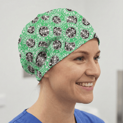 Green Starbucks logo pattern scrub cap with coffee brand design for medical professionals