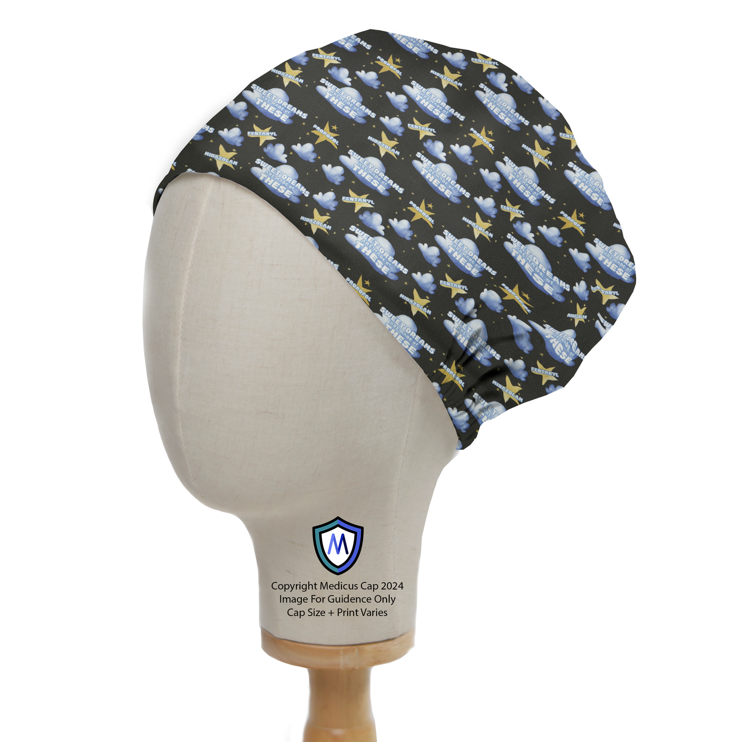 Anaesthetist Sweet Dreams Made Of These Scrub Cap from Medicus Scrub Caps, featuring a dreamy anaesthesia-themed pattern on a dark background.