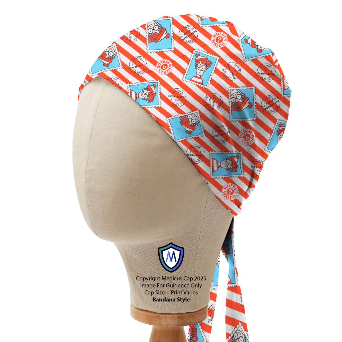 Bandana style scrub cap with red-and-white stripes and turquoise squares with Where's Waldo illustrations, shown on mannequin side view.