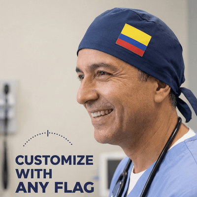 Navy blue scrub cap with Colombian flag design and tie-back closure