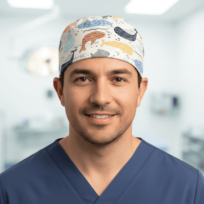 Abstract Whales Underwater scrub cap shown on male model