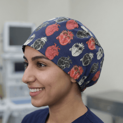 Abstract Aligned Anatomical Heart Navy scrub cap shown on model