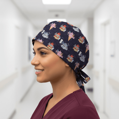 Anesthetist Spicy & Salty Saline scrub cap shown on female model