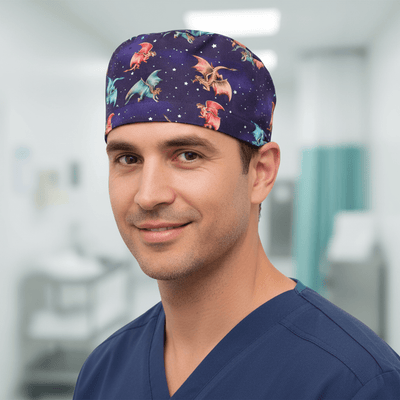 Coloured Dragons In Nights Sky scrub cap shown on male model