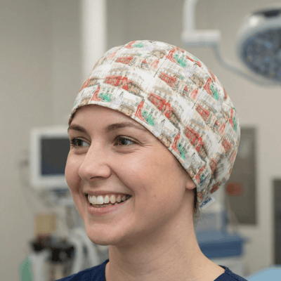 Emily in Paris Inspired Parisian Streetscape scrub cap shown on model