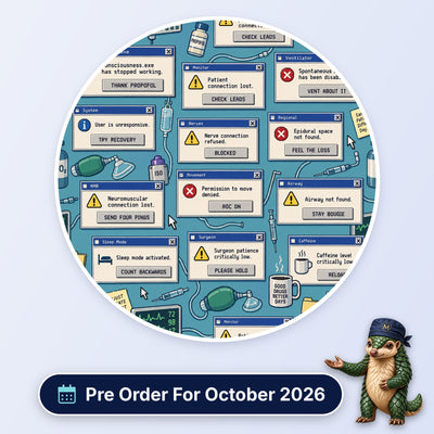 Error Messages scrub cap print: retro computer error pop-ups with anaesthetic jokes, monitors and airway kit on blue, with a Pre Order For October 2026 badge