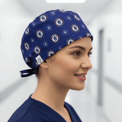 Football Club Chelsea scrub cap shown on female model