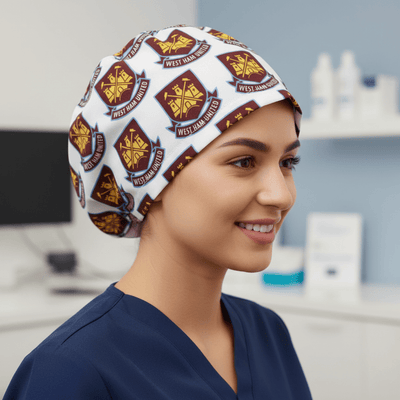 Football Club West Ham United scrub cap shown on female model