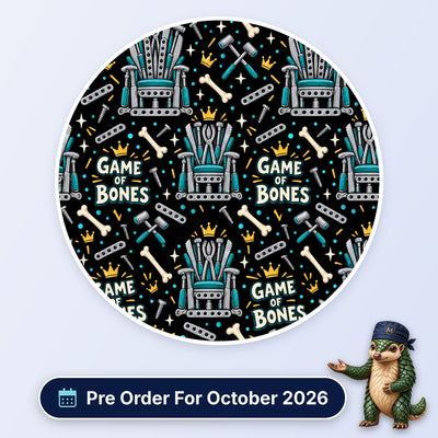 Game Of Bones scrub cap print: thrones built from orthopaedic instruments with bones, mallets, screws and crowns on black, with a Pre Order For October 2026 badge