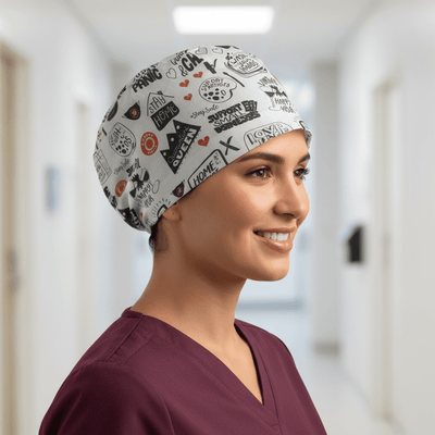 Get Us Through Covid scrub cap shown on female model