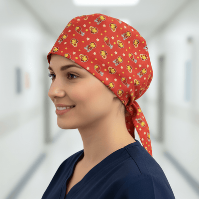 Iron Man Cartoon Kawaii scrub cap shown on female model