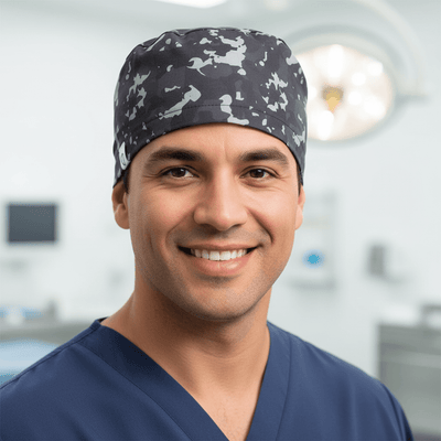 Military Camouflage Black scrub cap shown on male model