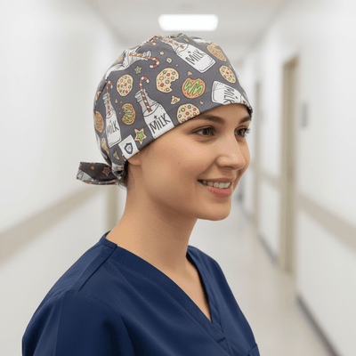 Christmas Milk + Cookies Grey scrub cap shown on female model