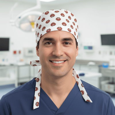 Red cartoon character pattern scrub cap with tie-back straps on navy blue scrubs