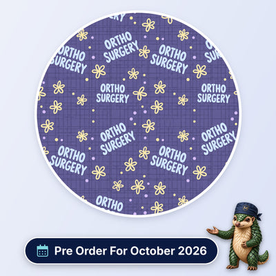Ortho Surgery scrub cap print: Ortho Surgery lettering with pastel flowers on textured purple, with a Pre Order For October 2026 badge