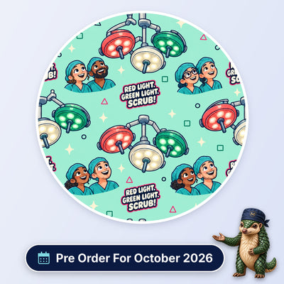Red Light Green Light Scrub scrub cap print: theatre lights in red, green and white with smiling theatre staff on mint, with a Pre Order For October 2026 badge
