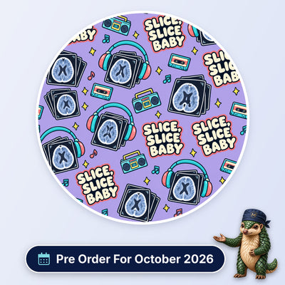 Slice, Slice Baby scrub cap print: brain scan slices wearing headphones with cassettes and boomboxes on lilac, with a Pre Order For October 2026 badge