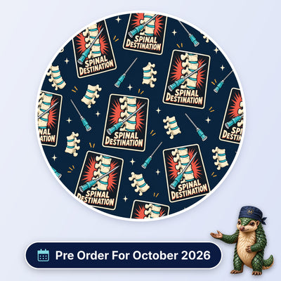Spinal Destination scrub cap print: spine and needle poster badges with vertebrae and spinal needles on navy, with a Pre Order For October 2026 badge
