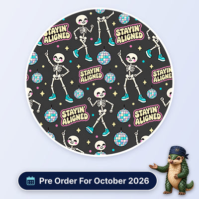 Stayin' Aligned scrub cap print: dancing skeletons in trainers with disco balls on charcoal, with a Pre Order For October 2026 badge