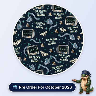 The Silence Of The Alarms scrub cap print: patient monitors, muted bells, moths and breathing circuits on dark navy, with a Pre Order For October 2026 badge