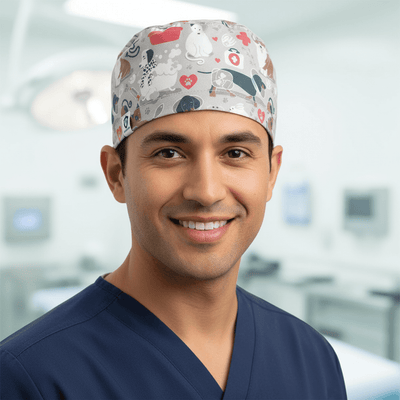Grey veterinary animal print scrub cap with red and white cartoon pets design