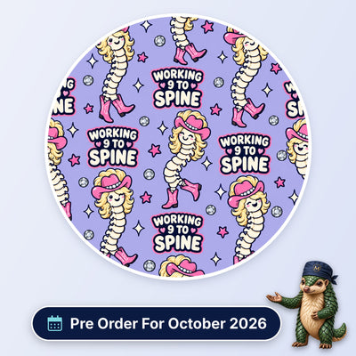 Working 9 To Spine scrub cap print: spines with blonde curls, pink cowboy hats and cowgirl boots with disco balls on lilac, with a Pre Order For October 2026 badge