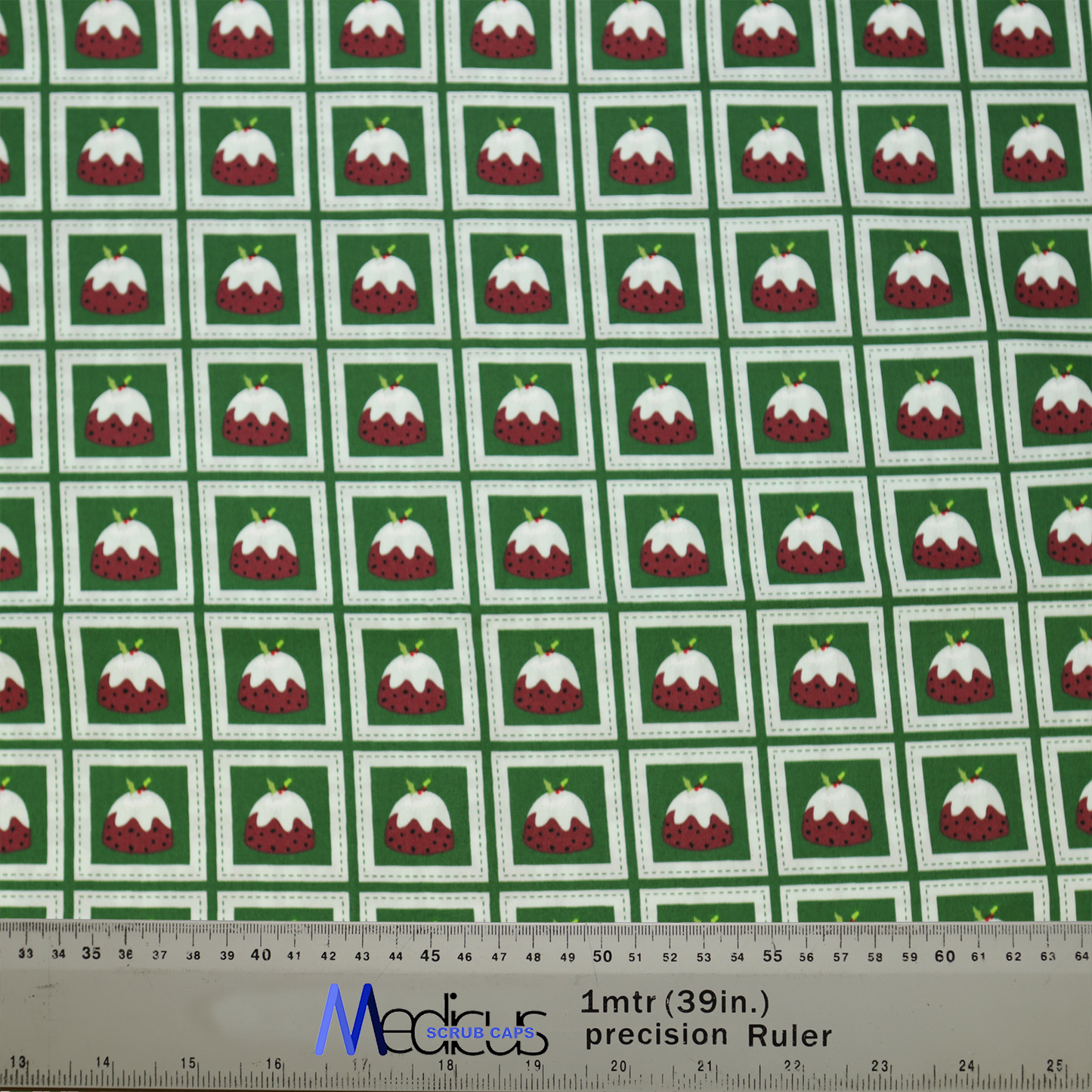 Christmas Puddings Green Grid Scrub Cap from Medicus Scrub Caps, featuring a festive pattern of Christmas puddings on a green grid background.