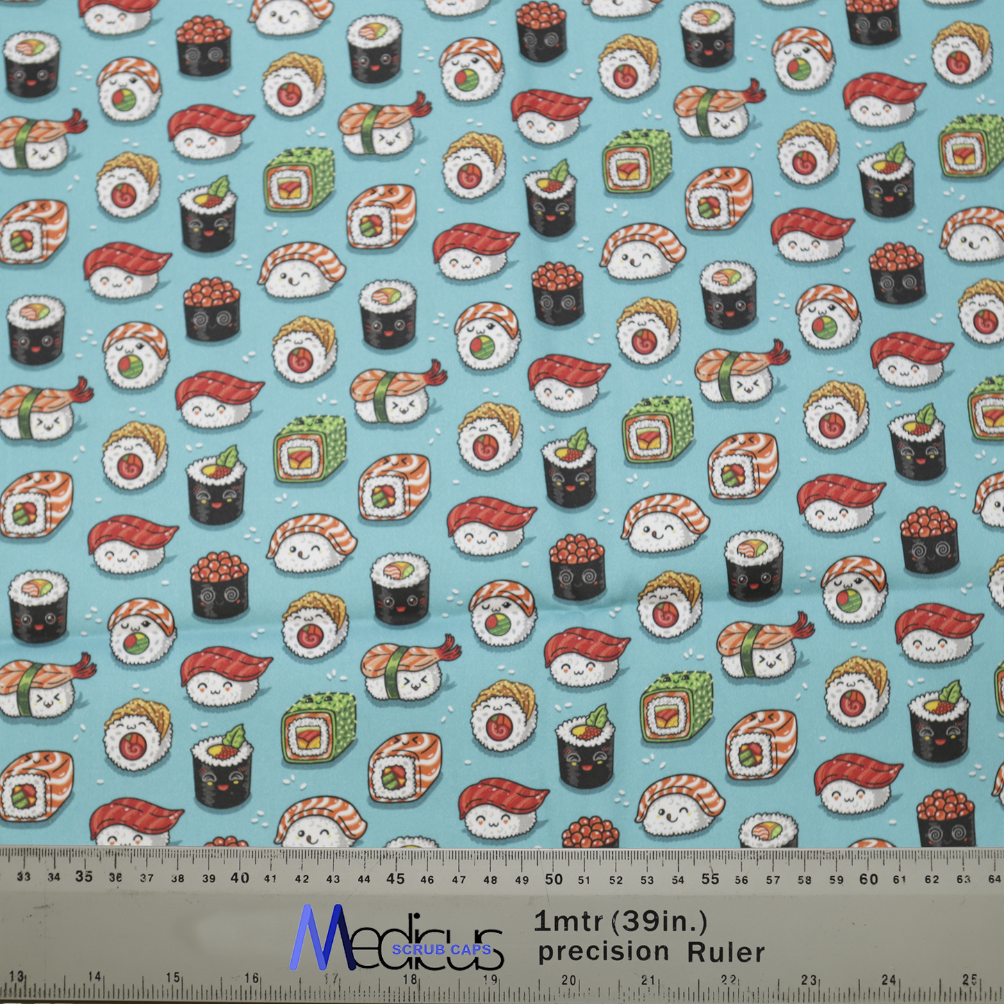 The Food Kawaii Sushi Scrub Cap by Medicus Scrub Caps features adorable sushi illustrations on a blue fabric, perfect for healthcare professionals who love fun, stylish designs.