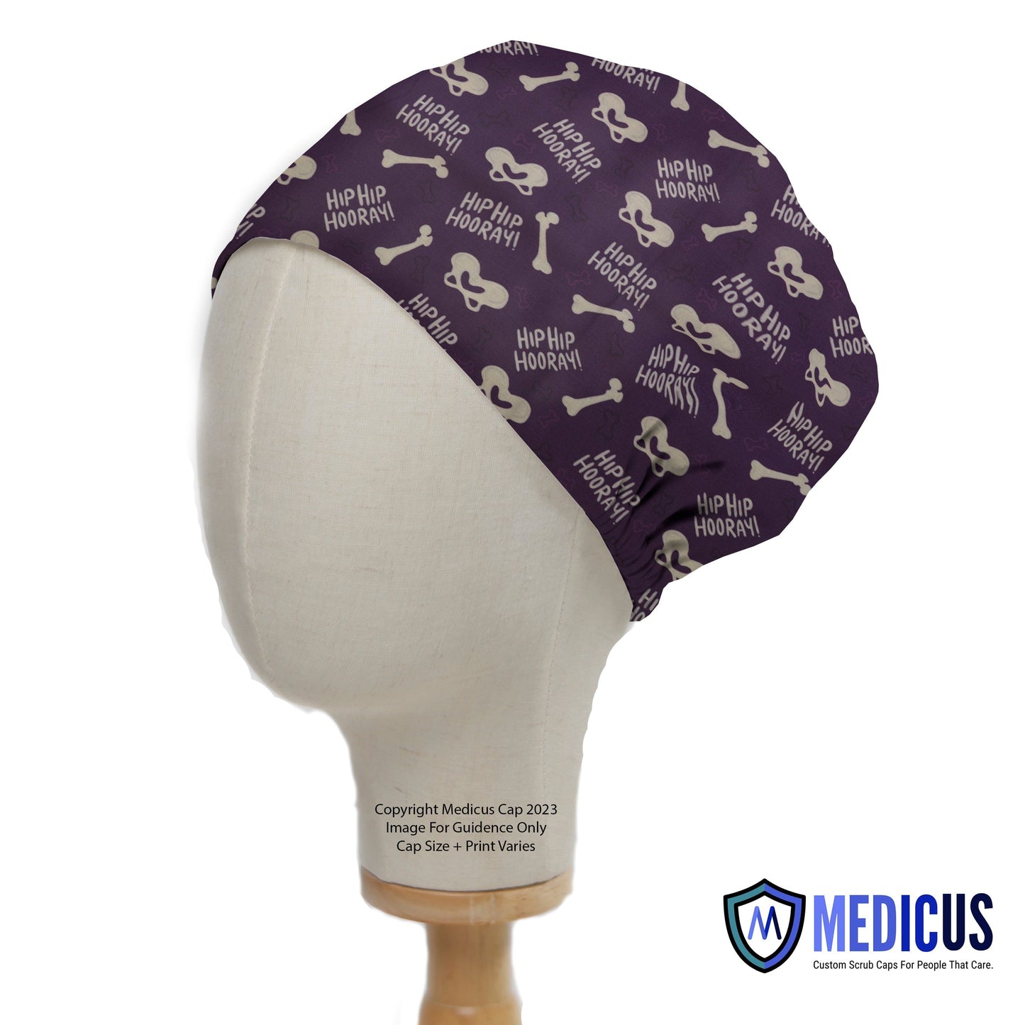 Hip Hip Hooray Scrub Cap from Medicus Scrub Caps, featuring a purple design with bones and hip joints. Custom scrub cap for medical professionals.