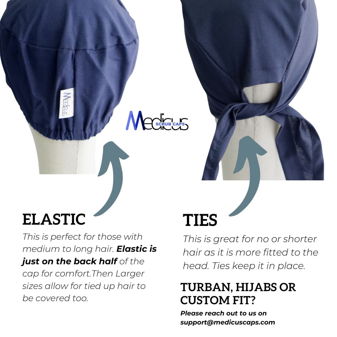 Two images feature a Medicus Scrub Caps Dogs Chihuahua Pink Scrub Cap with an elastic back and tie closure. The left image highlights suitability for medium to long hair, while the right shows tied ends for short or no hair. Text provides customization details on this sustainable scrub hat.