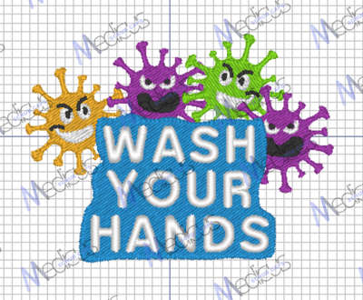 Wash Your Hands Covid pre-designed embroidery on a reusable scrub cap