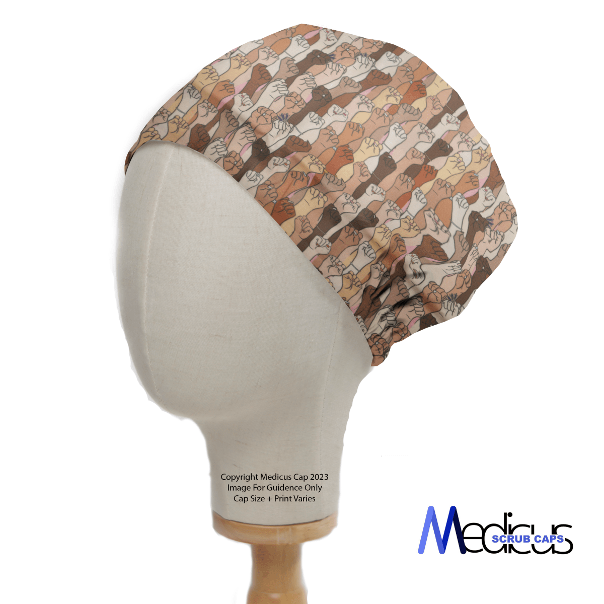 A mannequin head wears a Medicus Scrub Cap, featuring the Equal Rights Girl Power design with variously shaded raised fists symbolizing equal rights.