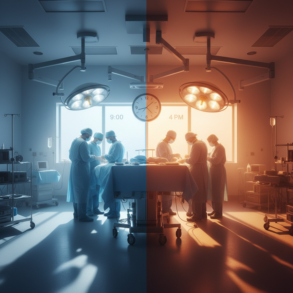 Operating theatre clock showing afternoon time when anaesthesia risk increases fourfold
