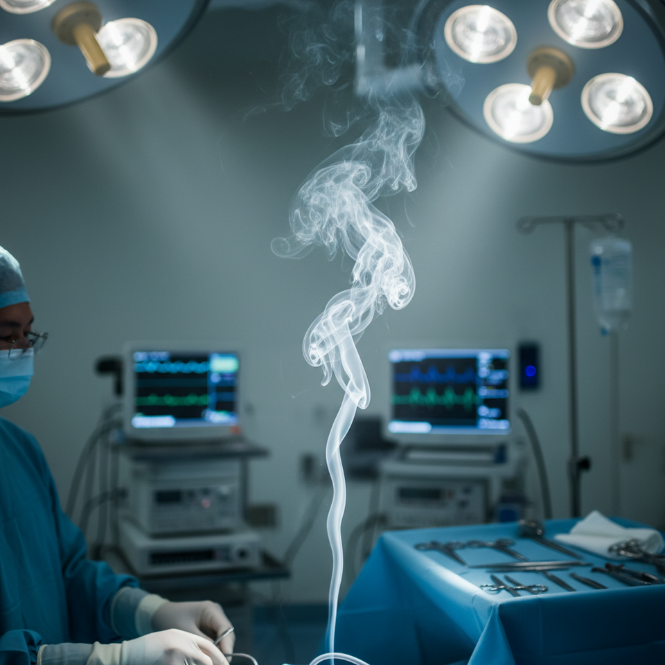 Electrocautery surgical smoke plume in the operating room highlighting occupational hazards