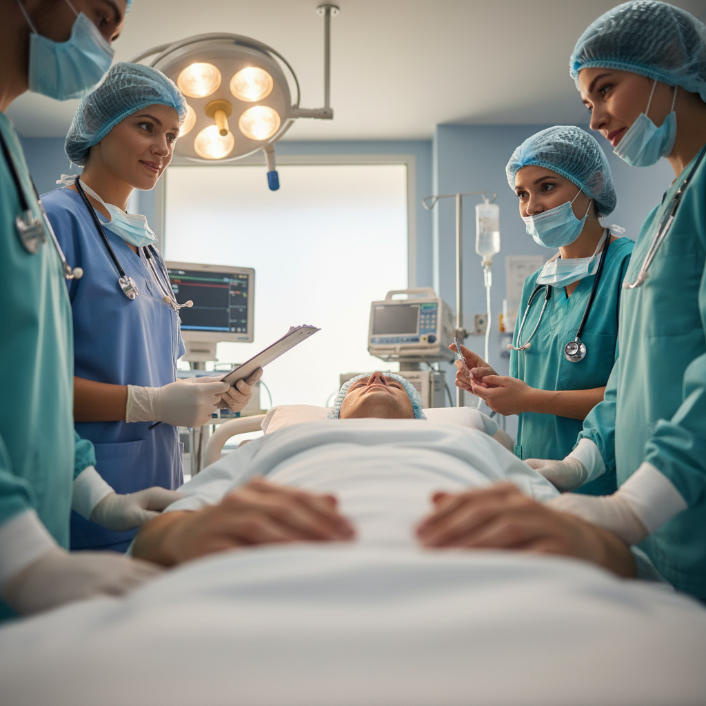 Patient emerging from anaesthesia in recovery while surgical team continues talking