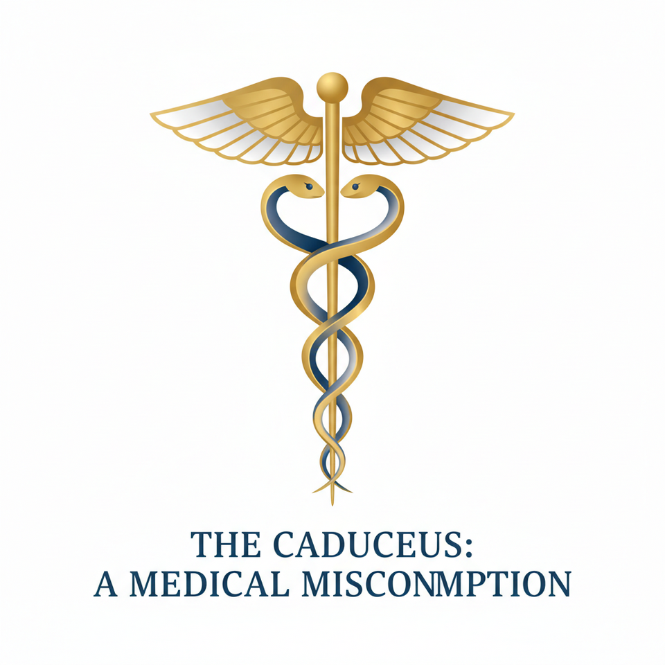 Rod of Asclepius and caduceus symbols side by side showing the correct medical emblem