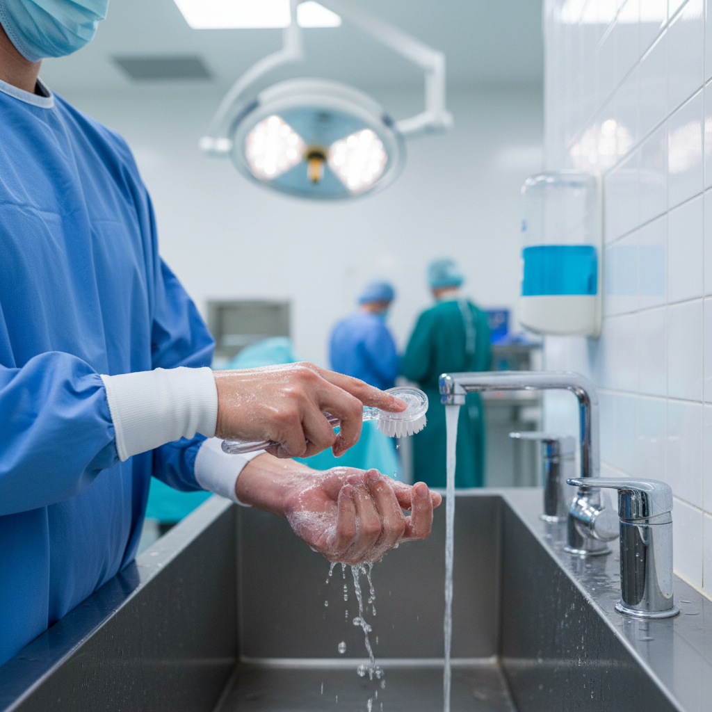 Surgical nail brush and hand scrubbing station showing why nail brushes increase bacteria