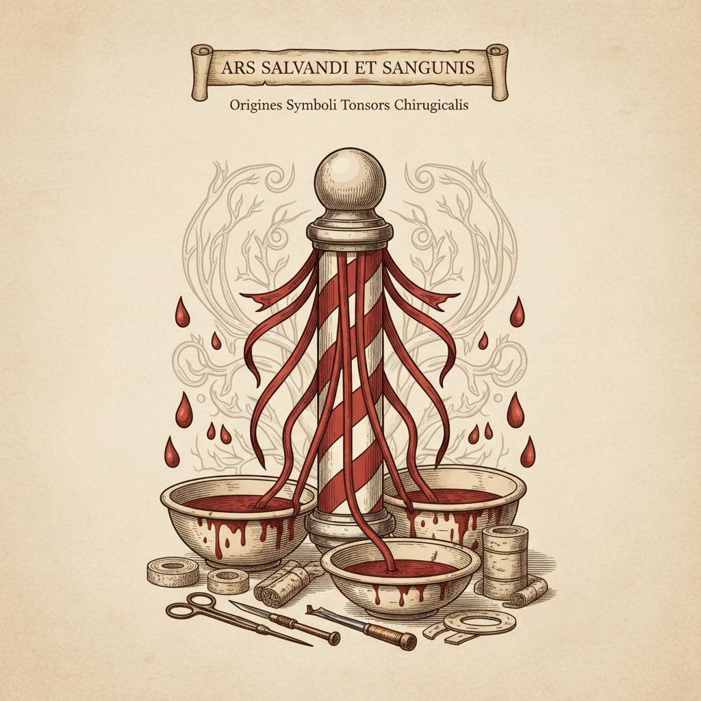 Traditional red and white barber pole representing the history of bloodletting in surgery