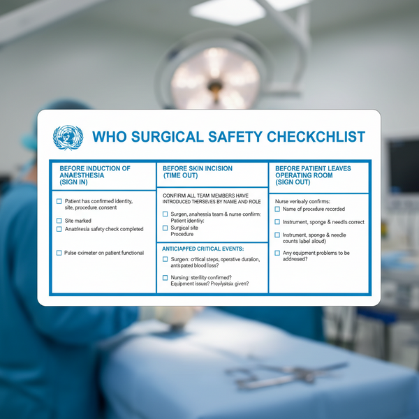 WHO Surgical Safety Checklist being used before surgery to reduce complications and deaths