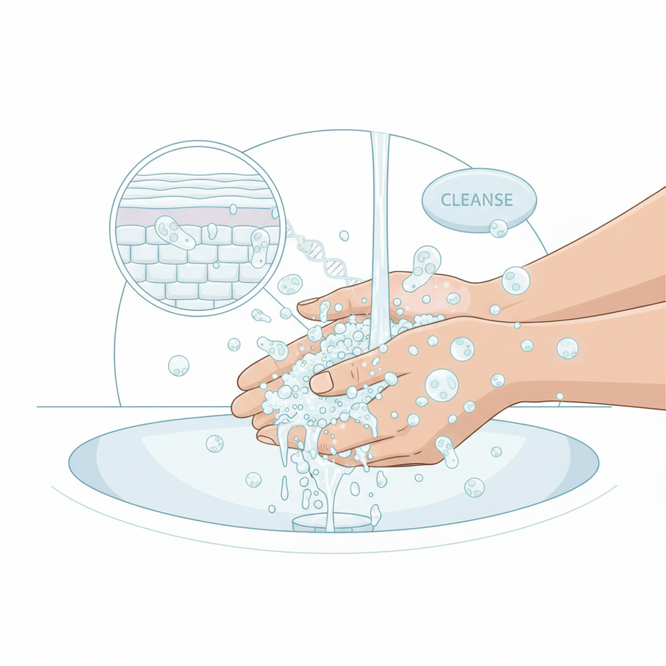 Healthcare worker washing hands at surgical scrub station illustrating skin cell dispersal