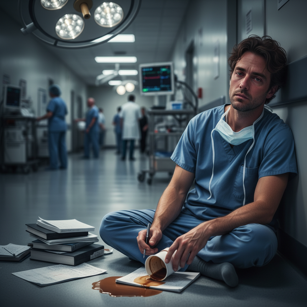 Tired surgical resident illustrating fatigue and cognitive impairment during long hospital shifts