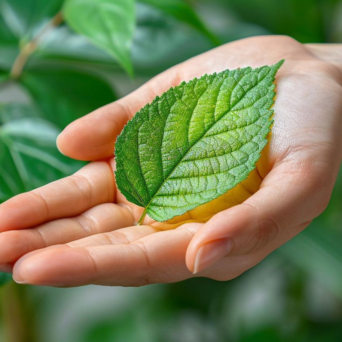 Hands holding a green leaf representing sustainability