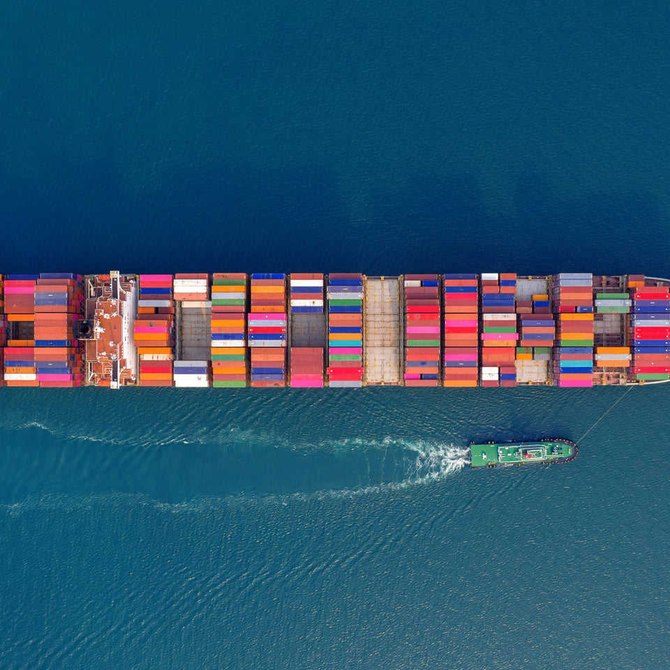 Aerial view of a container cargo ship at sea