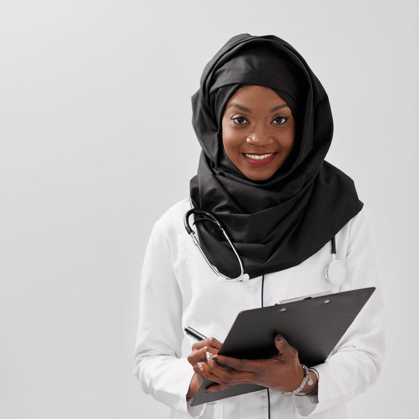 Healthcare worker wearing a hijab in a hospital