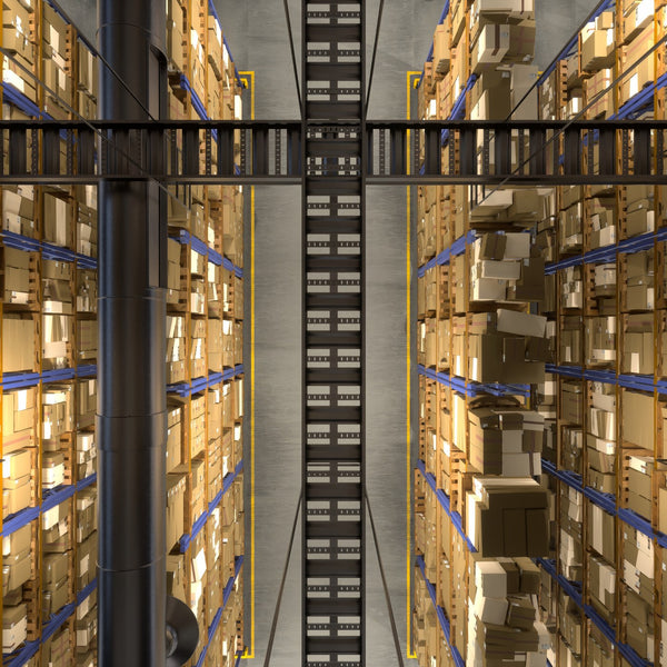 Warehouse aisle stacked with boxes