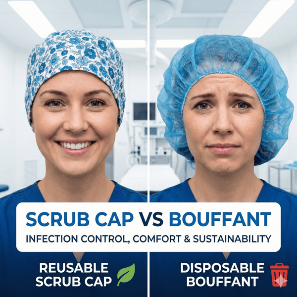Side by side comparison of scrub cap and bouffant surgical headwear styles