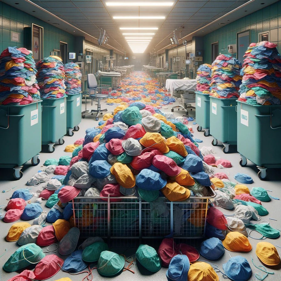 Disposable scrub cap environmental impact calculator showing waste and carbon figures